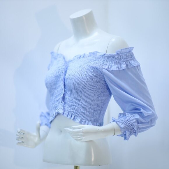 Zara Blue Elastic Trim off the shoulder top Size M - Picture 6 of 9